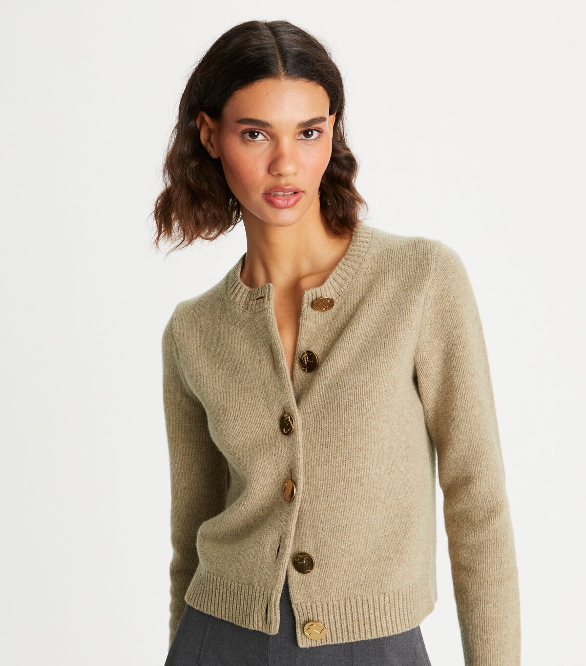 Beige Tory Burch Logo Button Wool Women's Cardigan | OUTLET-36874909