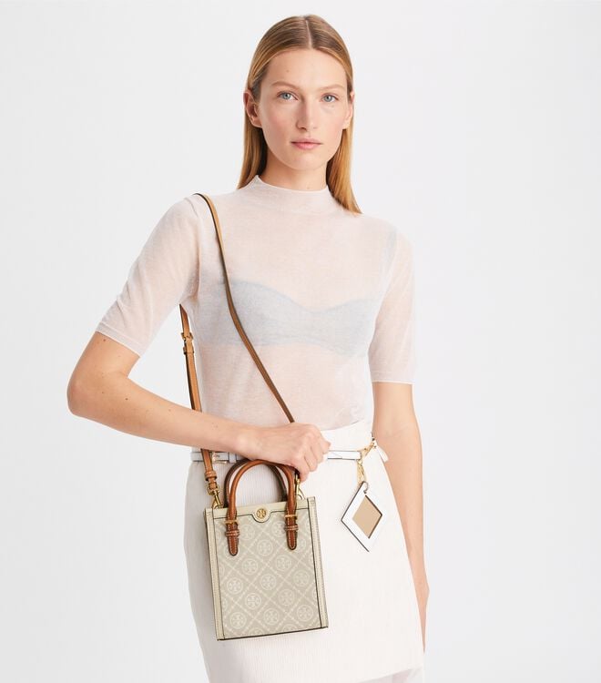 Beige Tory Burch Mini T Monogram Women's Tote Bags | OUTLET-59426879