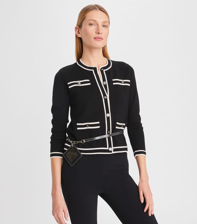 Black / Cream Tory Burch Kendra Women's Cardigan | OUTLET-71032599