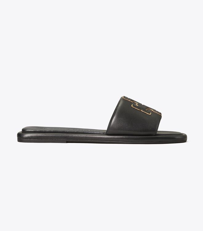 Black / Gold Tory Burch Double T Women's Sandals | OUTLET-35274069