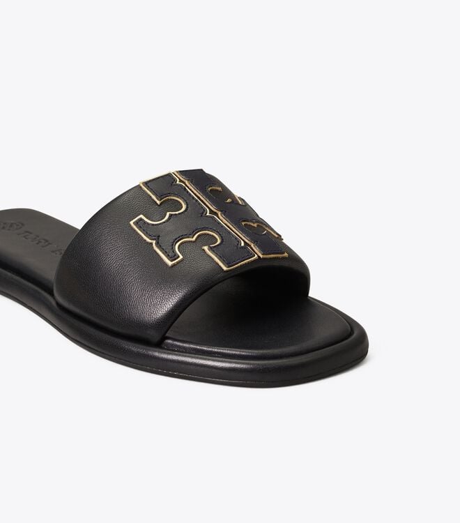 Black / Gold Tory Burch Double T Women's Sandals | OUTLET-35274069