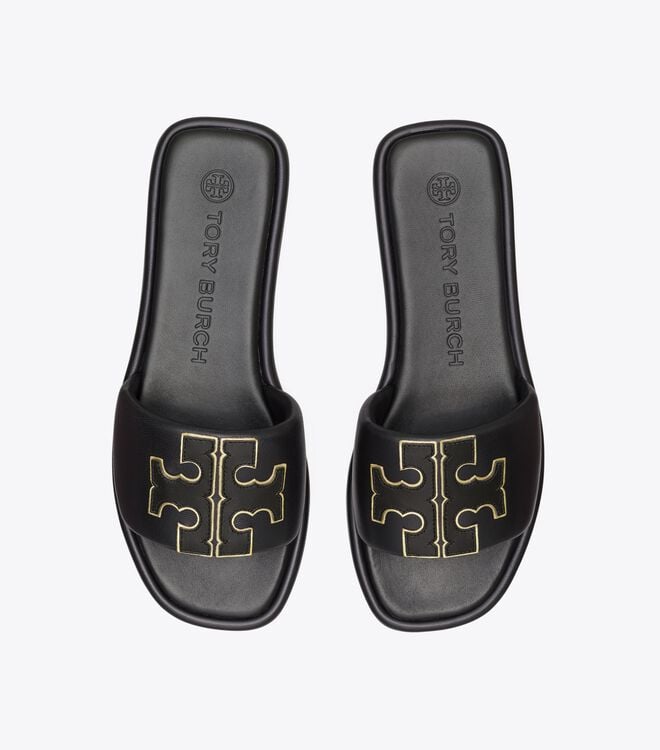 Black / Gold Tory Burch Double T Women's Sandals | OUTLET-35274069