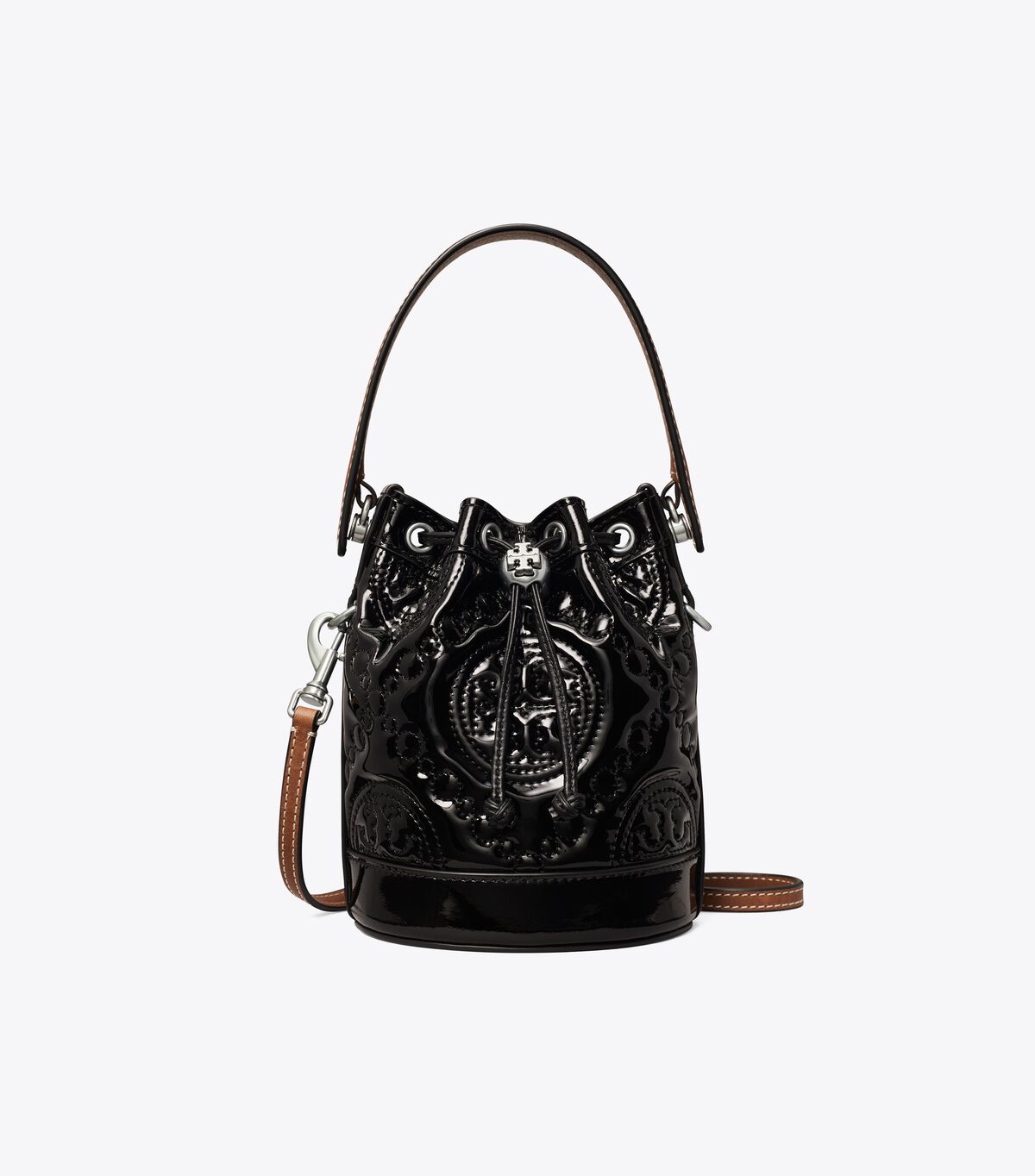 Black Tory Burch Mini T Monogram Embroidered Patent Women's Bucket Bags | OUTLET-90782149