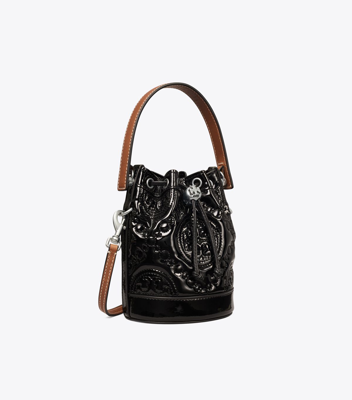 Black Tory Burch Mini T Monogram Embroidered Patent Women\'s Bucket Bags | OUTLET-90782149