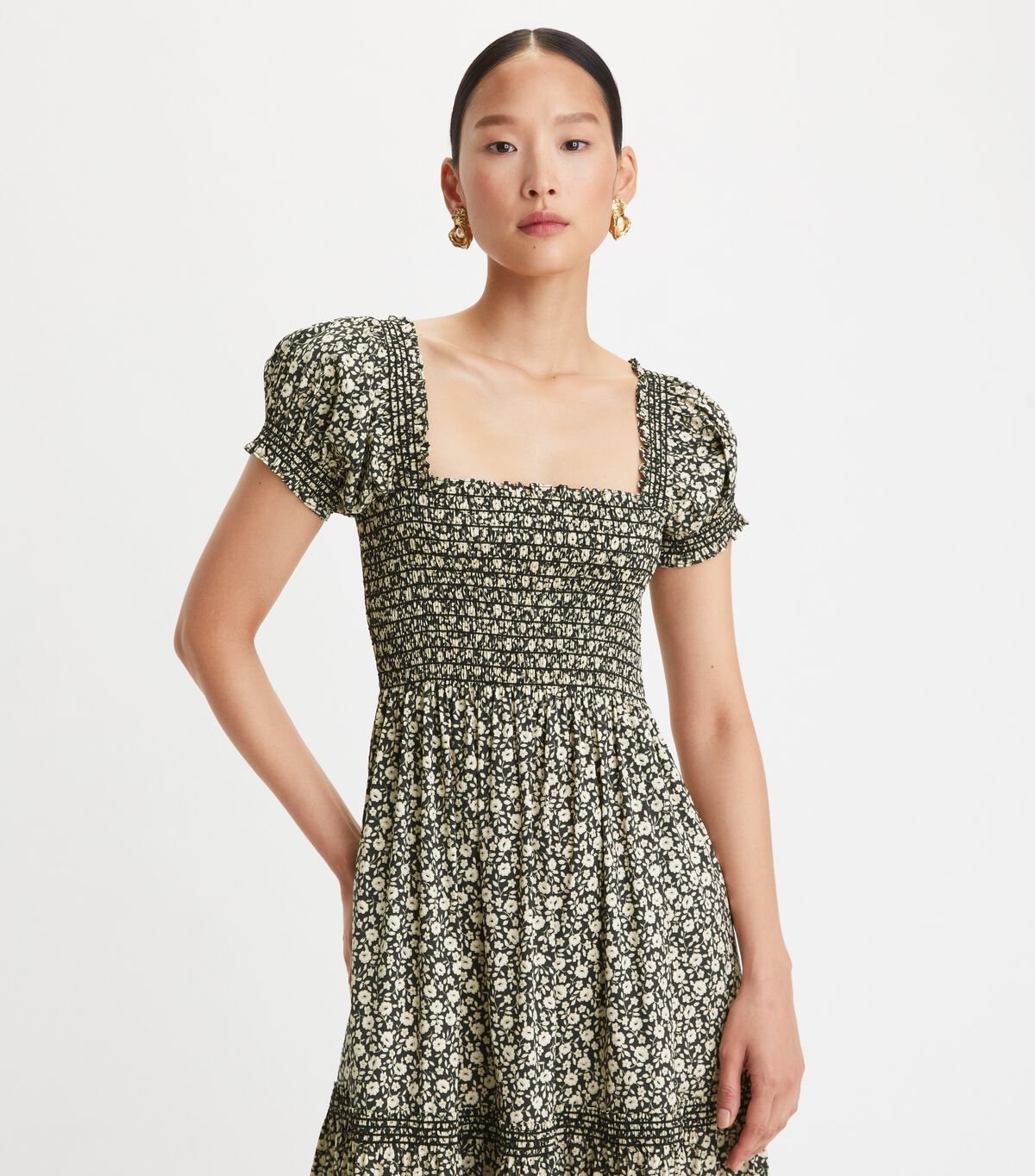 Black Tory Burch Smocked Midi Women's Dress | OUTLET-87645109