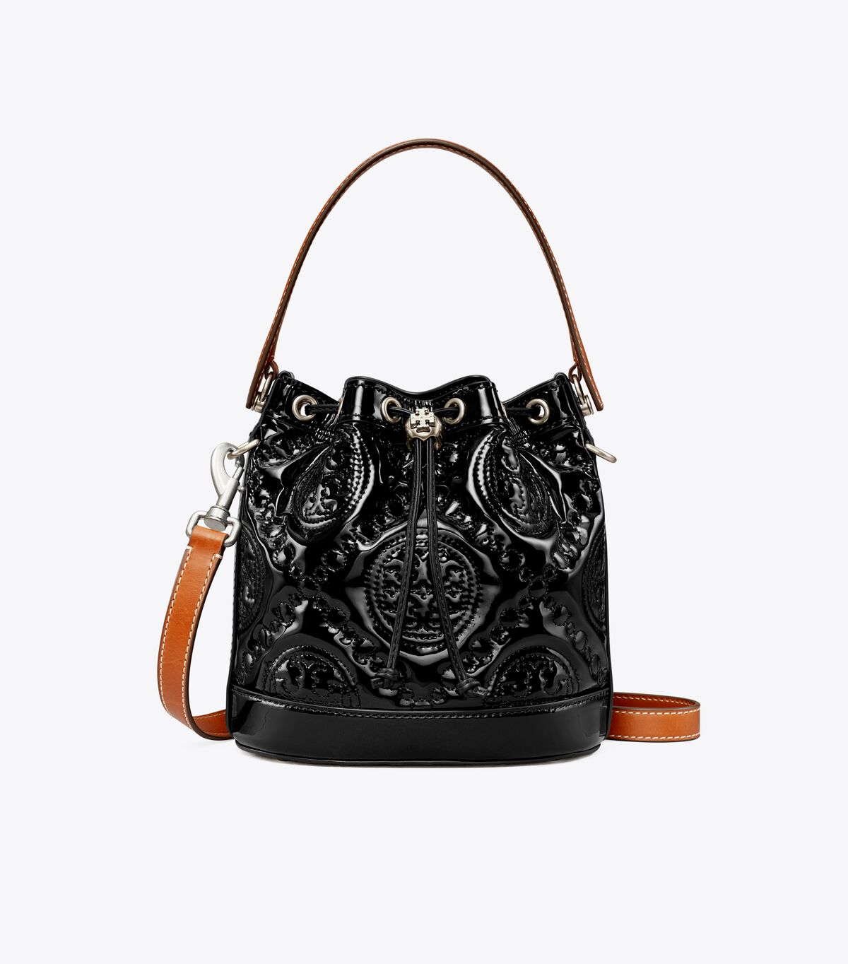 Black Tory Burch T Monogram Embroidered Patent Women's Bucket Bags | OUTLET-59348209