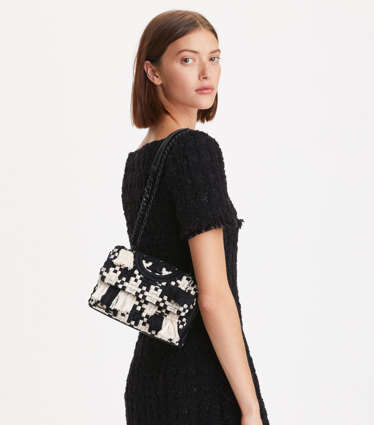 Black / White Tory Burch Small Fleming Tweed Convertible Women's Shoulder Bags | OUTLET-92345869