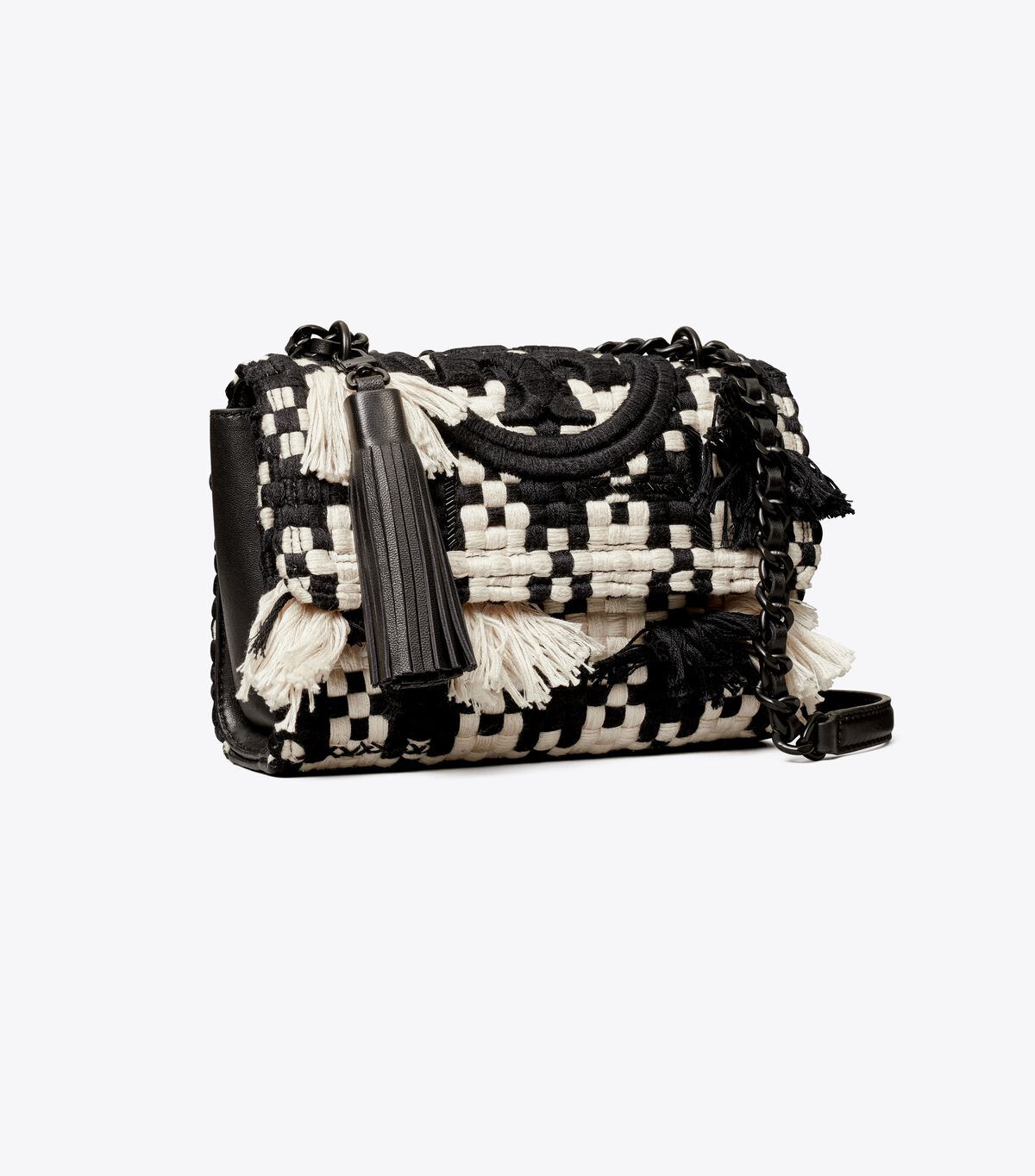 Black / White Tory Burch Small Fleming Tweed Convertible Women\'s Shoulder Bags | OUTLET-92345869