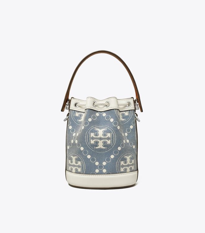 Blue Tory Burch Mini T Monogram Denim Women's Bucket Bags | OUTLET-03486959