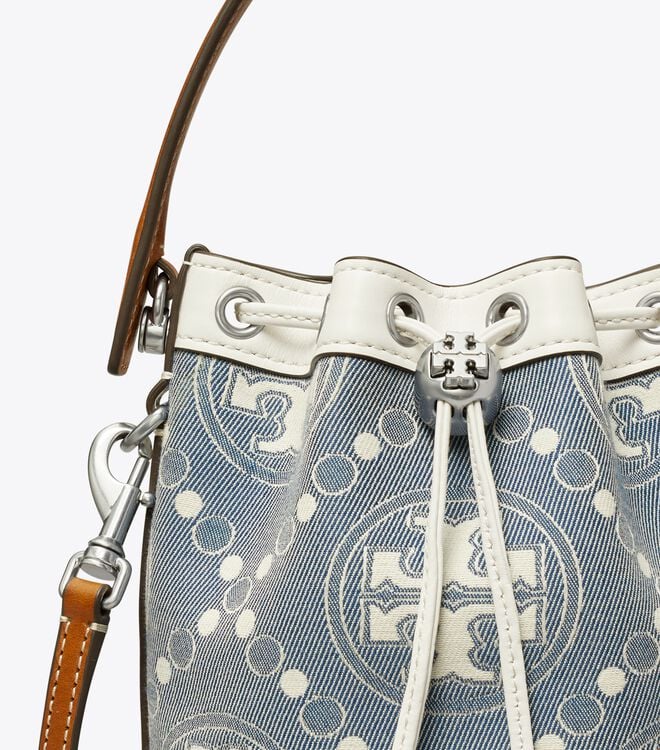 Blue Tory Burch Mini T Monogram Denim Women's Bucket Bags | OUTLET-03486959