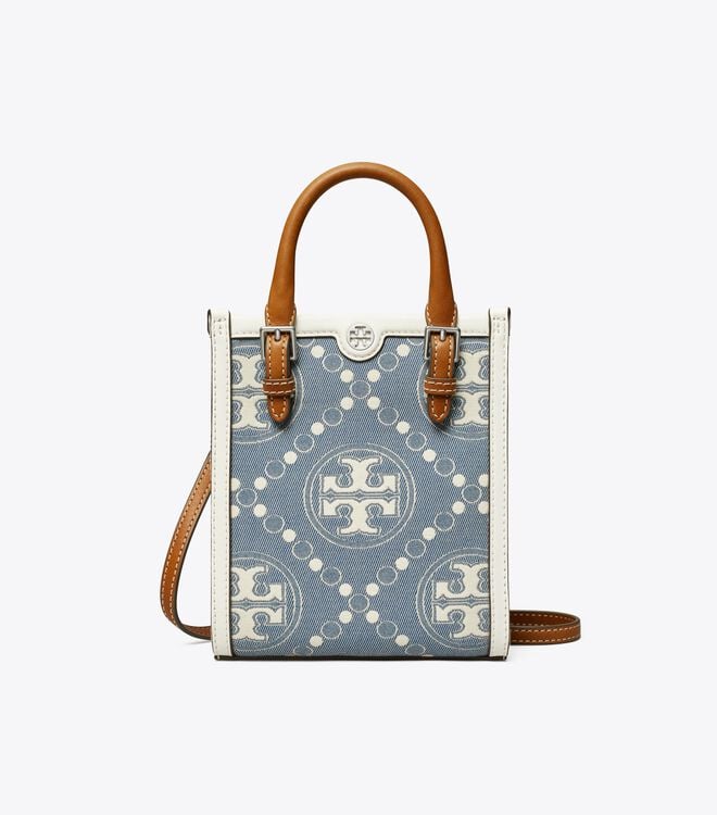 Blue Tory Burch Mini T Monogram Denim Women's Tote Bags | OUTLET-32670489