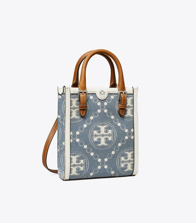 Blue Tory Burch Mini T Monogram Denim Women\'s Tote Bags | OUTLET-32670489