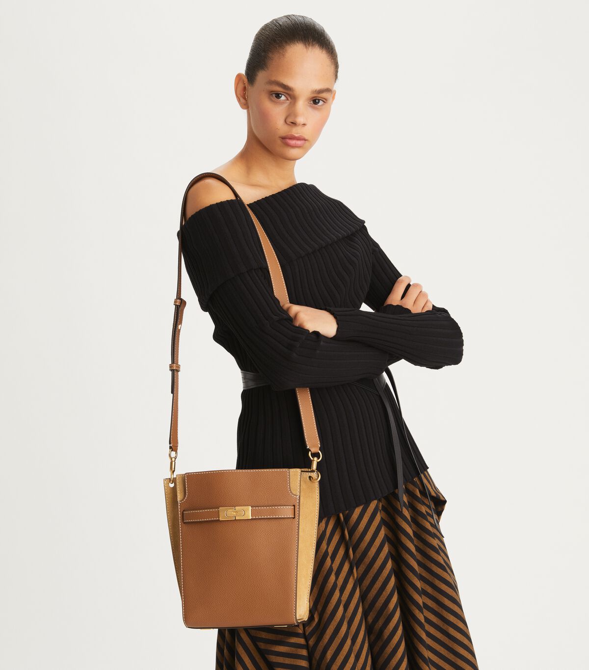 Brown Tory Burch Lee Radziwill Pebbled Double Women's Bucket Bags | OUTLET-39648209