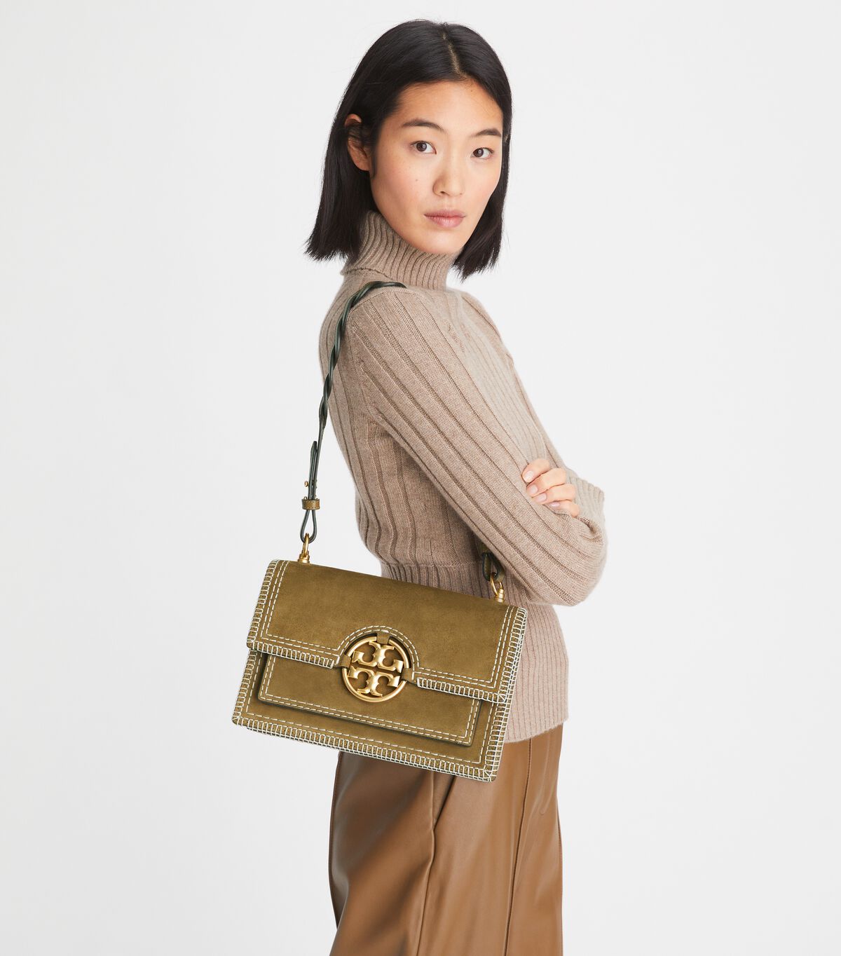 Brown Tory Burch Miller Suede Stitched Flap Women's Shoulder Bags | OUTLET-62913589