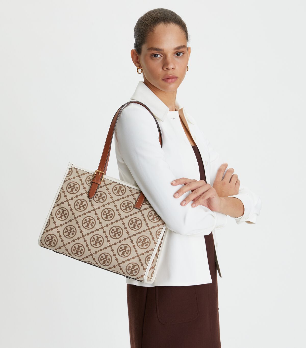 Brown / White Tory Burch Small T Monogram Women's Tote Bags | OUTLET-46570899