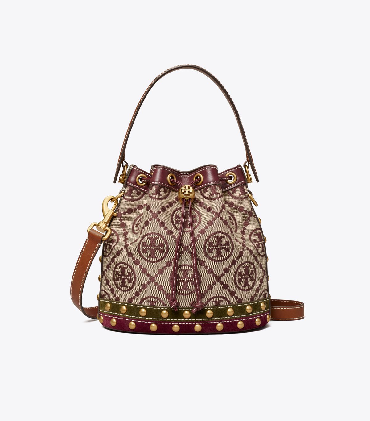 Claret Tory Burch T Monogram Jacquard Studded Women's Bucket Bags | OUTLET-06597439