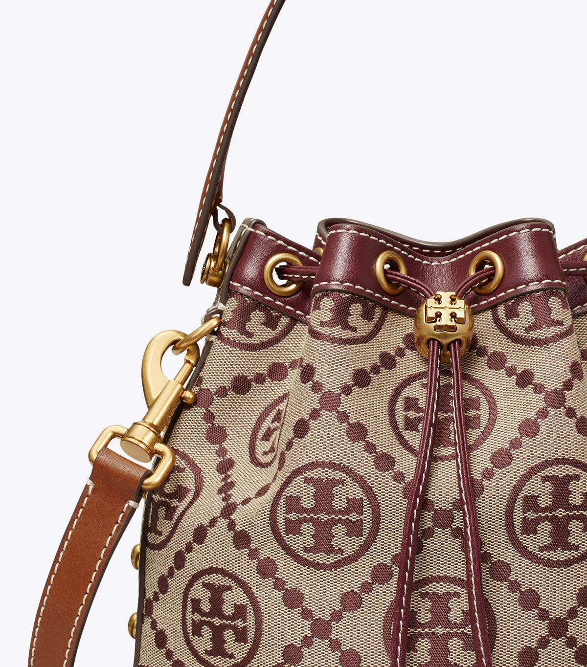 Claret Tory Burch T Monogram Jacquard Studded Women's Bucket Bags | OUTLET-06597439