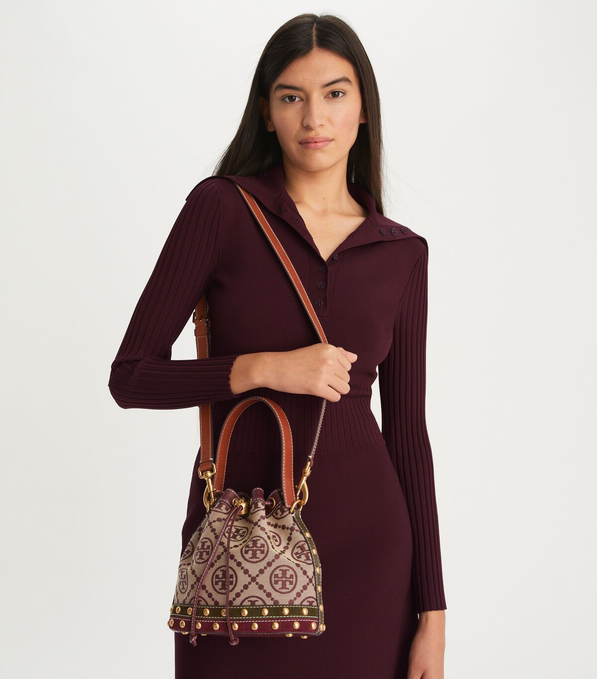 Claret Tory Burch T Monogram Jacquard Studded Women's Bucket Bags | OUTLET-06597439