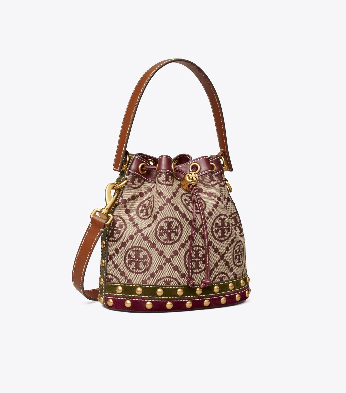 Claret Tory Burch T Monogram Jacquard Studded Women\'s Bucket Bags | OUTLET-06597439