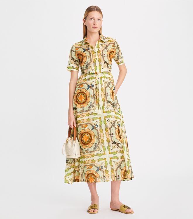 Cream Tory Burch Printed Cotton Women's Dress | OUTLET-35462819