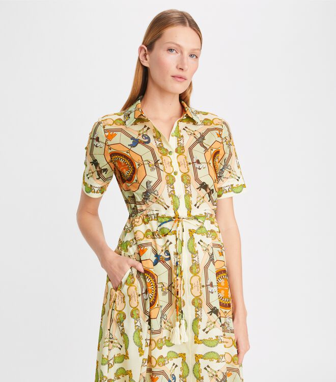 Cream Tory Burch Printed Cotton Women's Dress | OUTLET-35462819