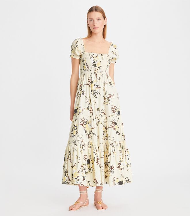 Cream Tory Burch Printed Smocked Women's Dress | OUTLET-19025839