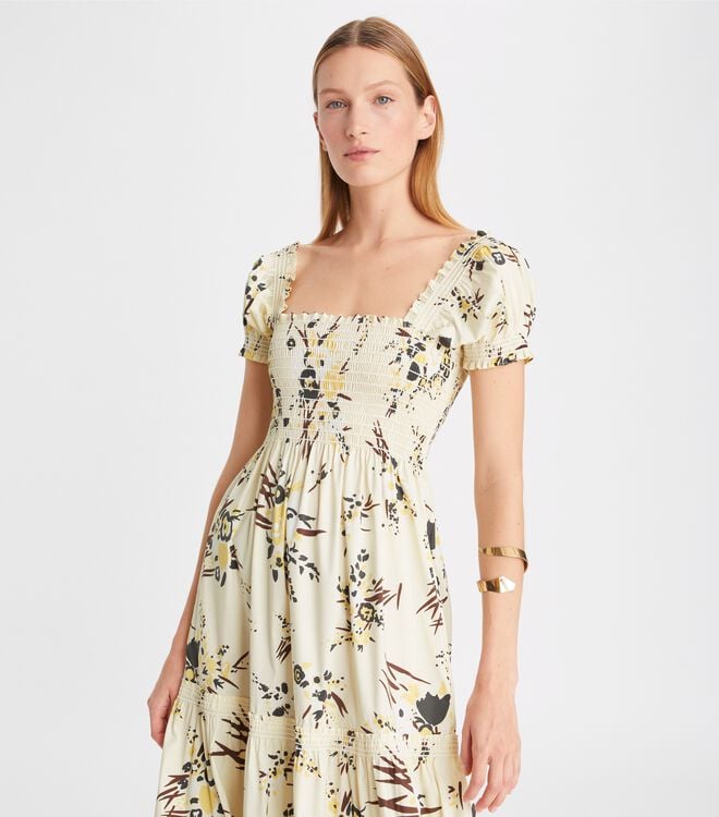 Cream Tory Burch Printed Smocked Women's Dress | OUTLET-19025839