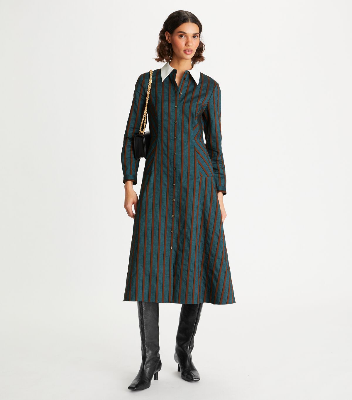 Dark Turquoise Tory Burch Striped Lightweight Canvas Women's Dress | OUTLET-78216059