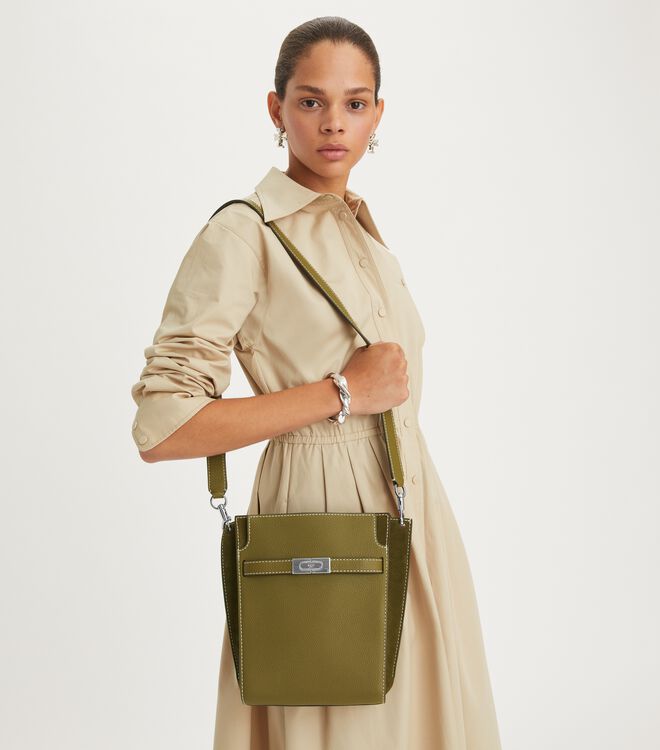 Deep Green Tory Burch Lee Radziwill Pebbled Double Women's Bucket Bags | OUTLET-38192509