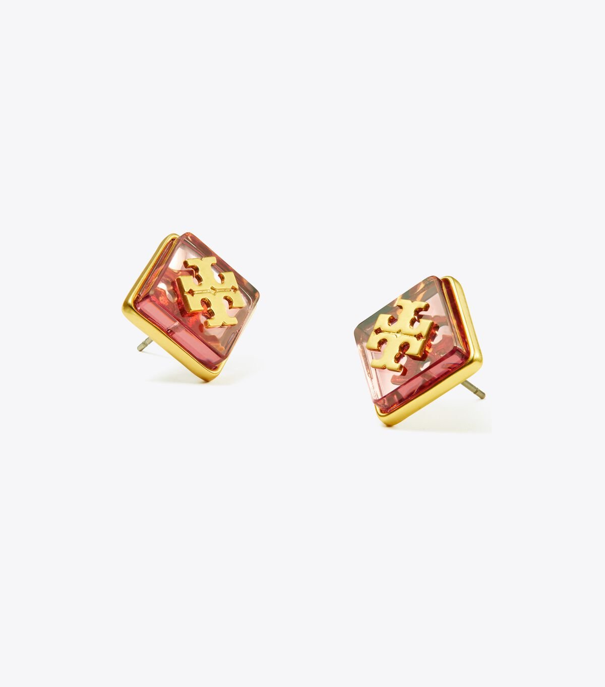 Gold / Pink Tory Burch Resin Logo Stud Women's Earrings | OUTLET-25873199