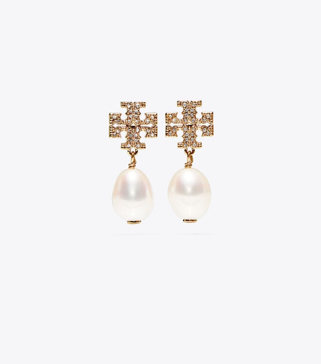 Gold Tory Burch Kira Pavé Pearl Drop Women\'s Earrings | OUTLET-23961479