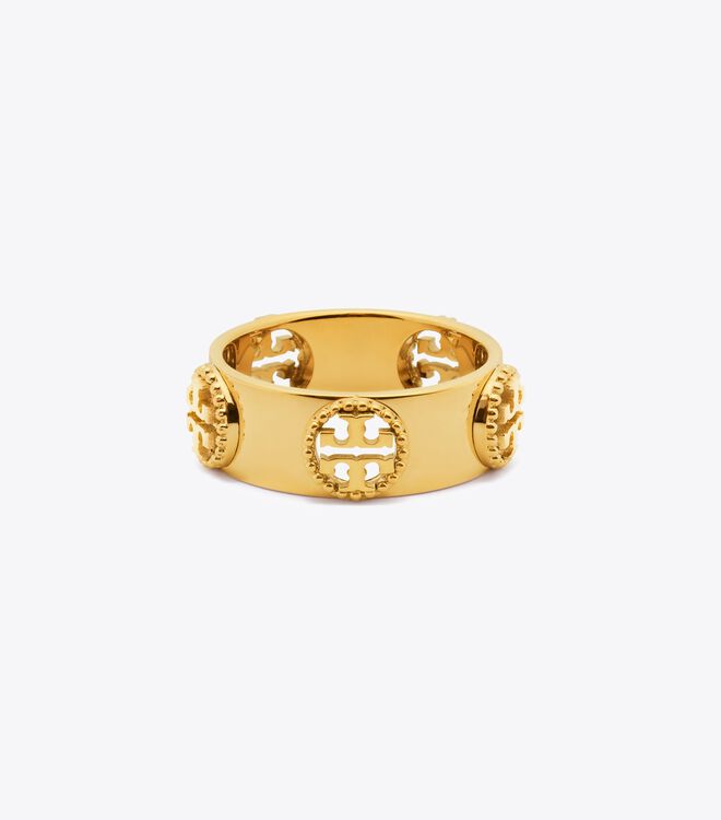 Gold Tory Burch Milgrain Logo Women's Ring | OUTLET-60824539