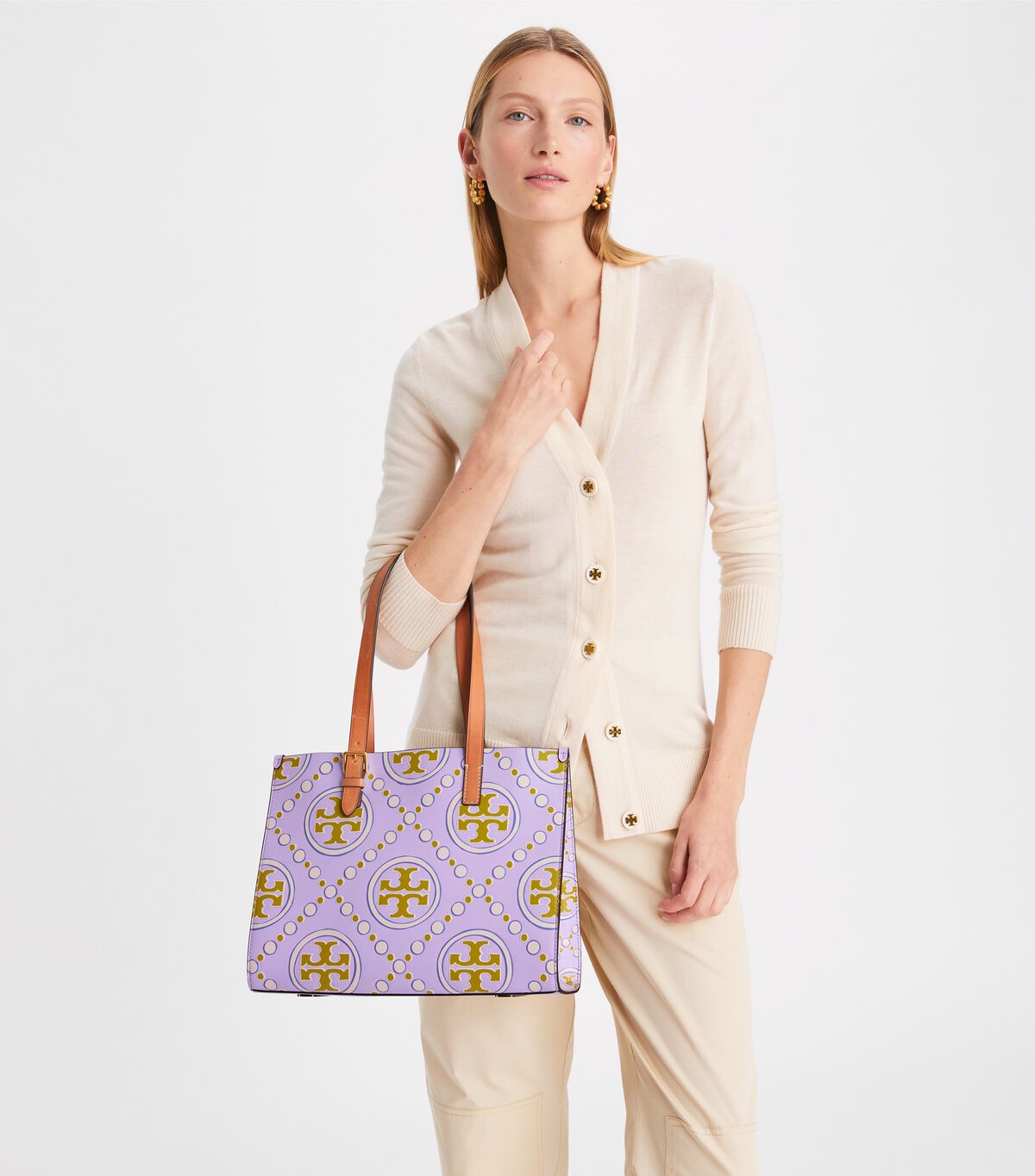 Lavender / White Tory Burch Small T Monogram Women's Tote Bags | OUTLET-20645989