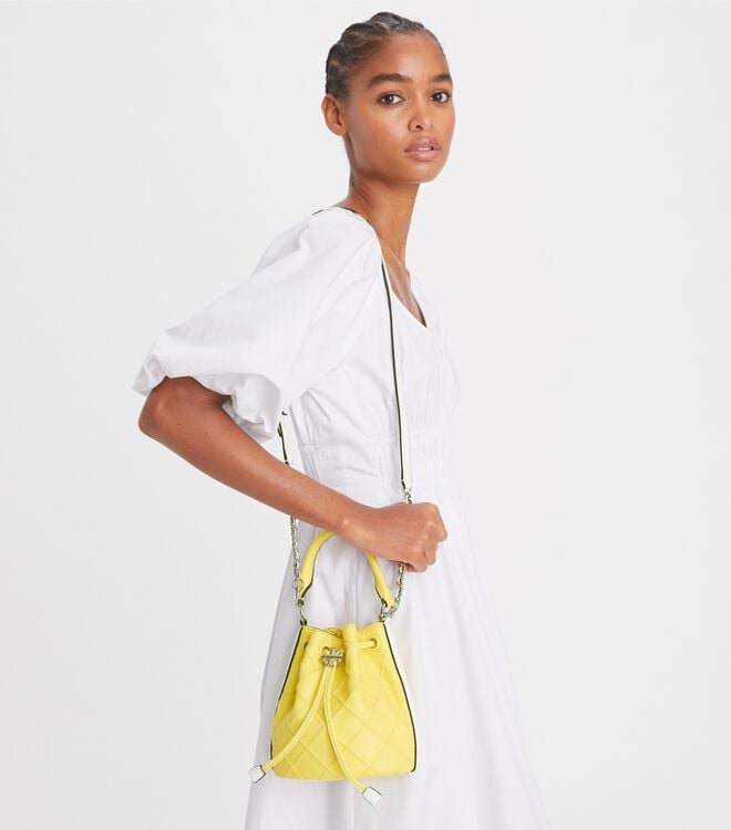 Lemon / White Tory Burch Mini Fleming Soft Patent Border Women's Bucket Bags | OUTLET-61073929