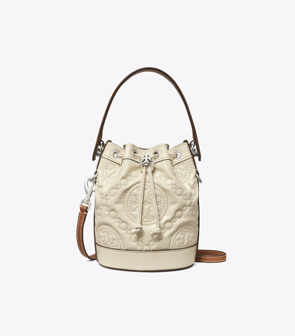 Light Cream Tory Burch Mini T Monogram Embroidered Patent Women's Bucket Bags | OUTLET-06743519