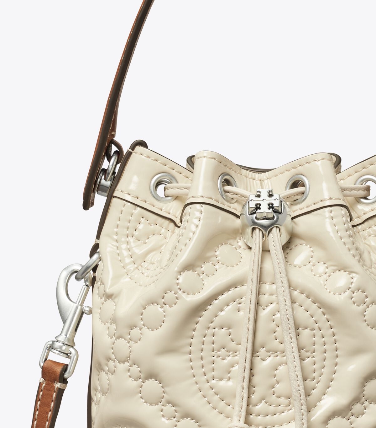 Light Cream Tory Burch Mini T Monogram Embroidered Patent Women's Bucket Bags | OUTLET-06743519