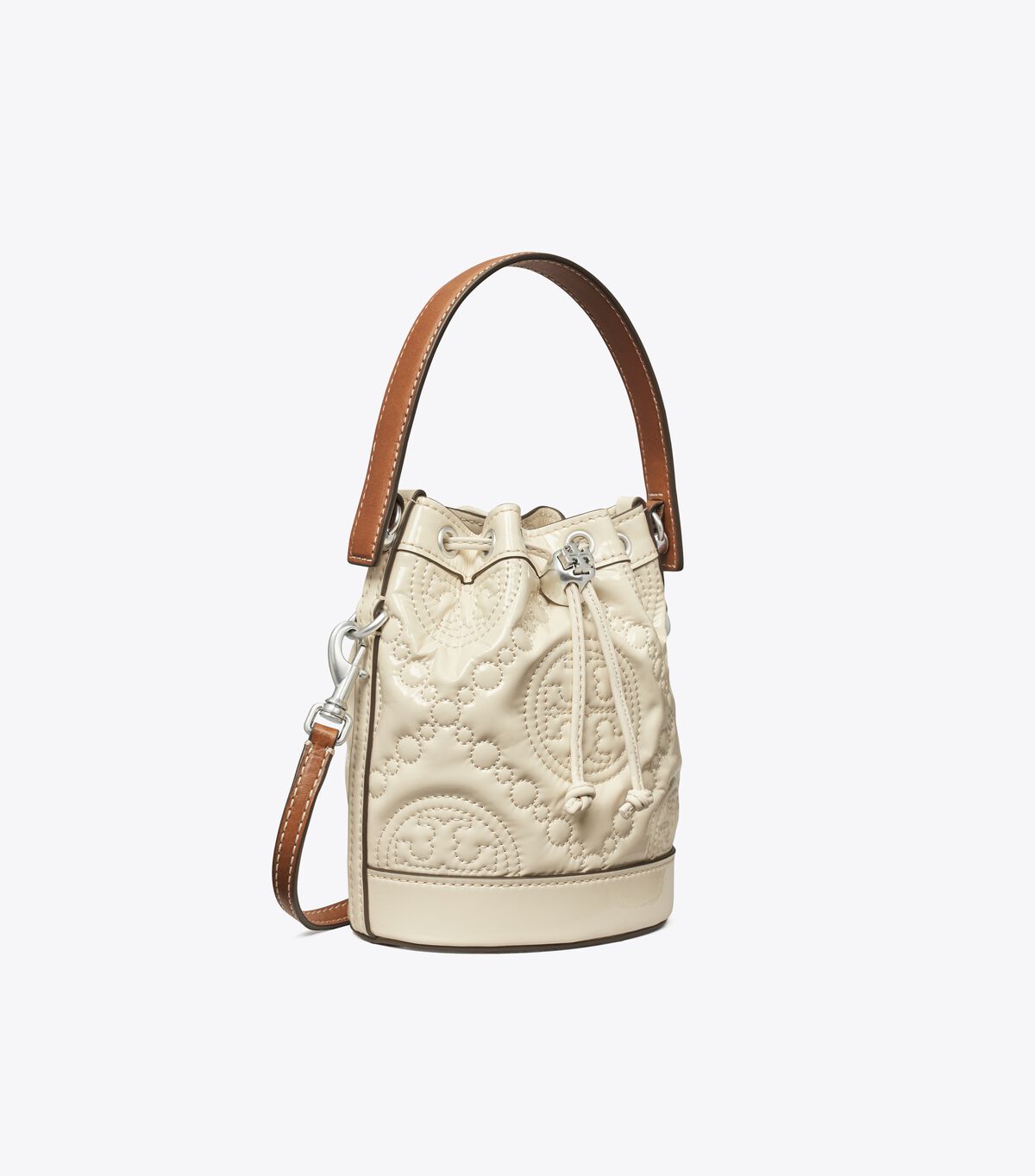 Light Cream Tory Burch Mini T Monogram Embroidered Patent Women\'s Bucket Bags | OUTLET-06743519