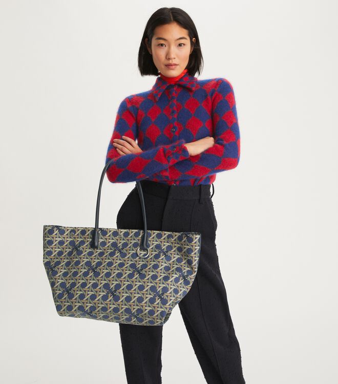 Navy Tory Burch Canvas Basketweave Women's Tote Bags | OUTLET-98127069