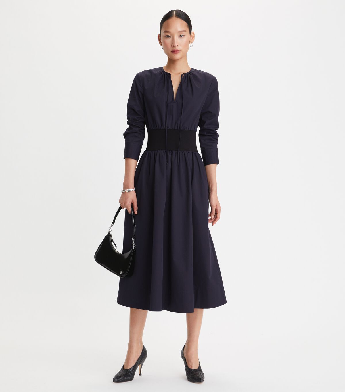 Navy Tory Burch Poplin Knit-waist Women's Dress | OUTLET-26589739