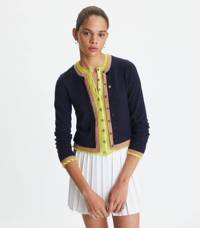 Navy Tory Burch Triple Layer Cashmere Women's Cardigan | OUTLET-71209589