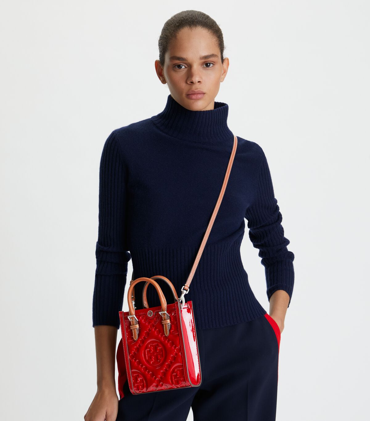 Red Tory Burch Mini T Monogram Embossed Patent Women's Tote Bags | OUTLET-81304699