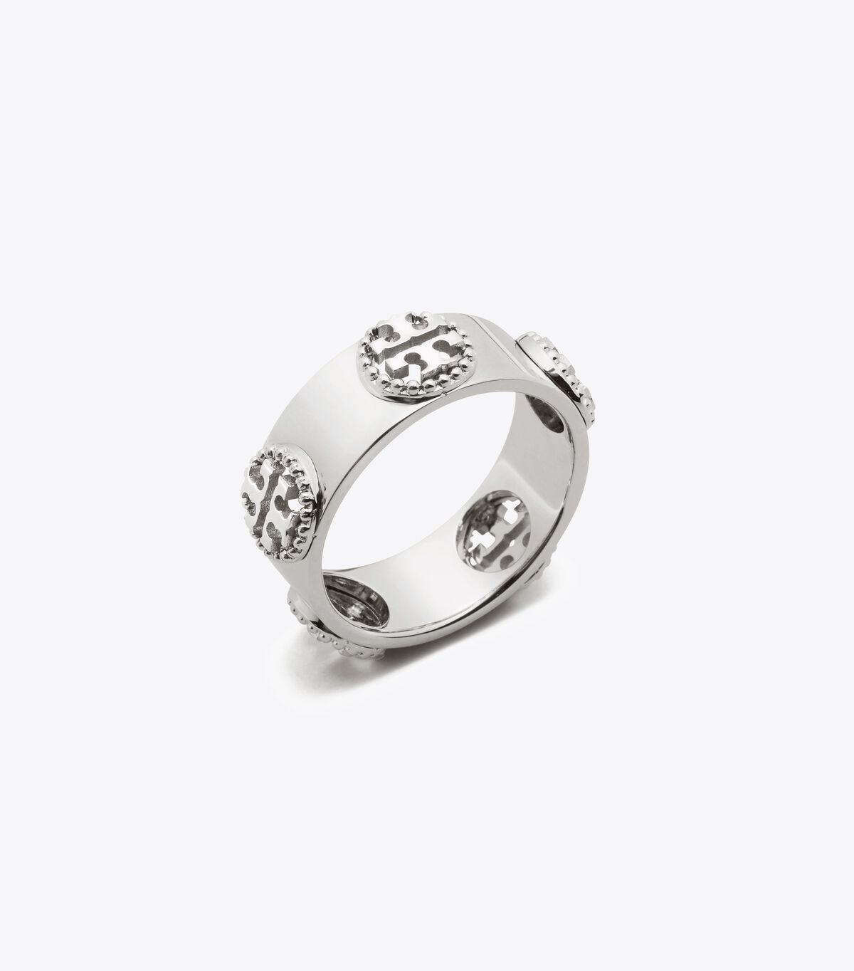 Silver Tory Burch Milgrain Logo Women\'s Ring | OUTLET-29657039