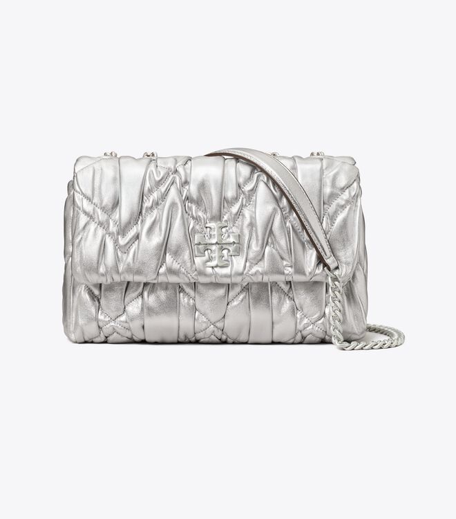 Silver Tory Burch Small Kira Metallic Diamond Ruched Convertible Women's Shoulder Bags | OUTLET-64297809