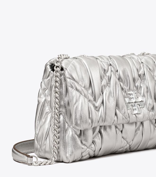 Silver Tory Burch Small Kira Metallic Diamond Ruched Convertible Women's Shoulder Bags | OUTLET-64297809