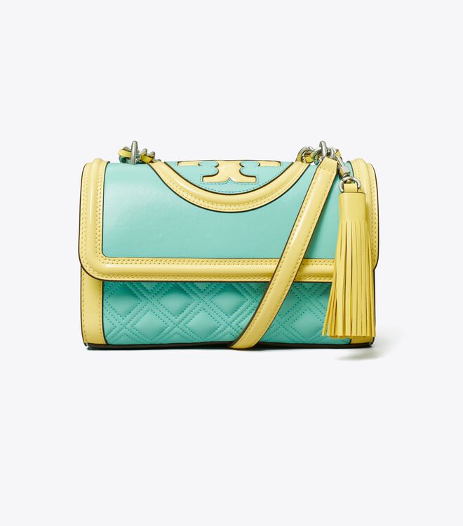 Turquoise / Lemon Tory Burch Small Fleming Patent Border Convertible Women's Shoulder Bags | OUTLET-85063219