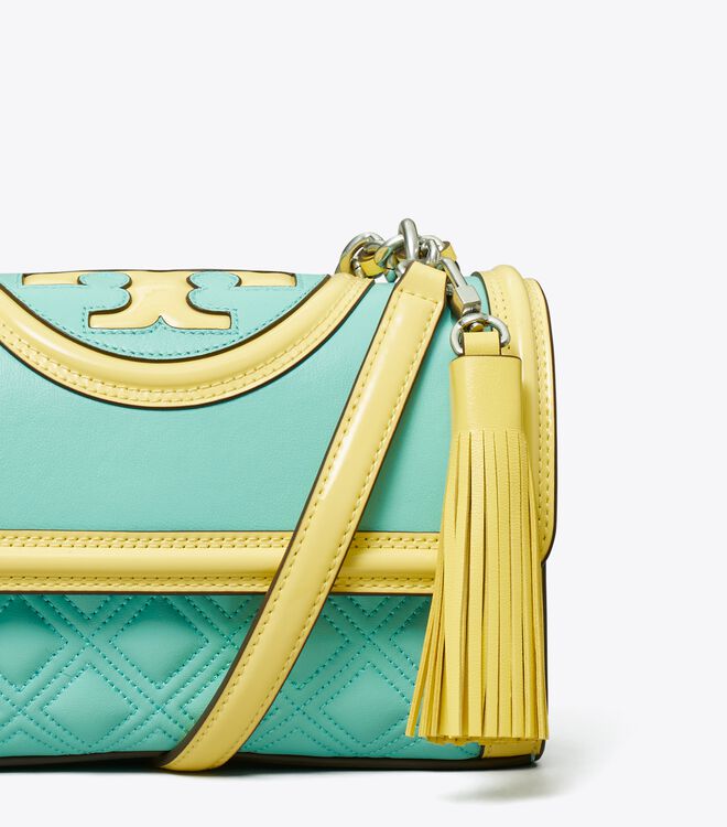 Turquoise / Lemon Tory Burch Small Fleming Patent Border Convertible Women's Shoulder Bags | OUTLET-85063219