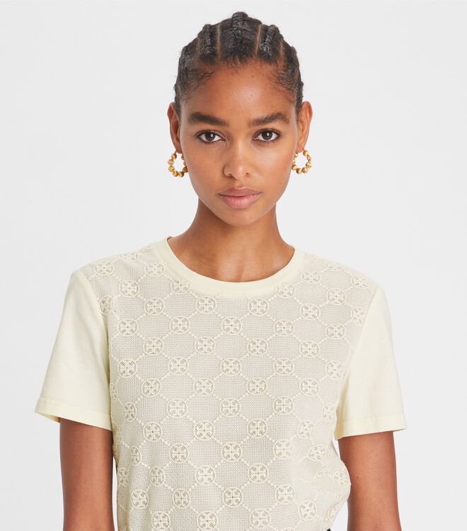 White Tory Burch Logo Lace Women's T Shirts | OUTLET-47839059