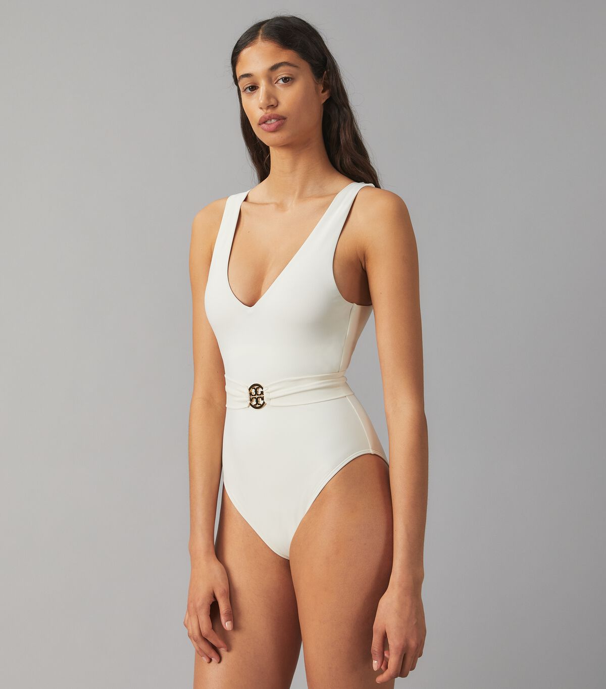 White Tory Burch Miller Plunge One-piece Women's Swimsuits | OUTLET-64197589