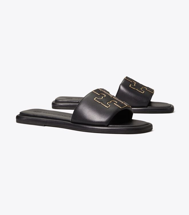 Black / Gold Tory Burch Double T Women's Sandals | OUTLET-35274069