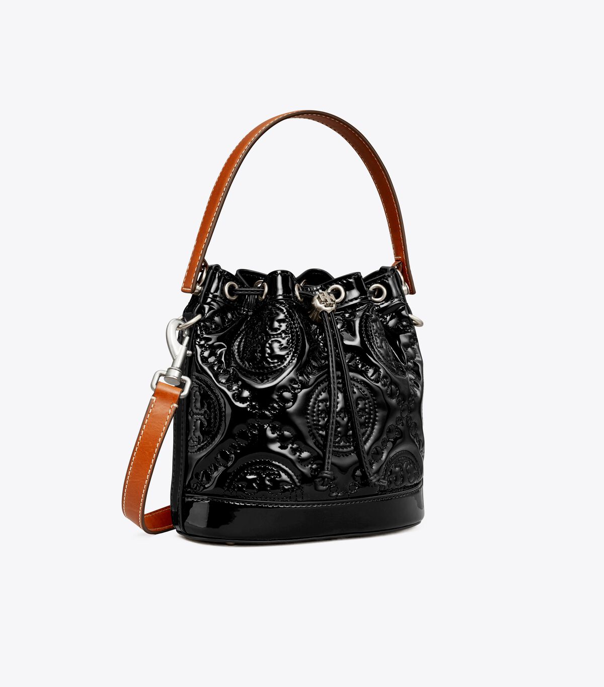 Black Tory Burch T Monogram Embroidered Patent Women's Bucket Bags | OUTLET-59348209